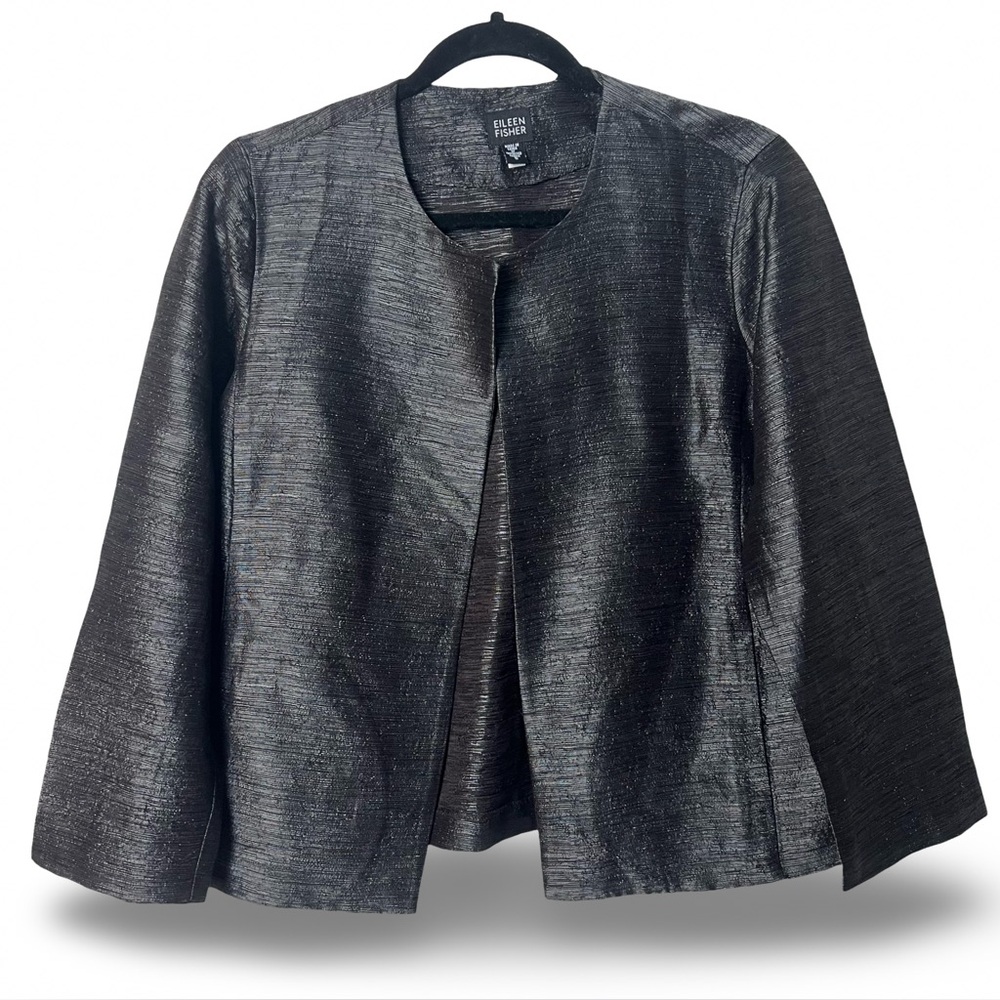 Eileen Fisher Hand Loomed Sparkle Matka Silk Wool Jacket Gunmetal Black‎ Sz. S